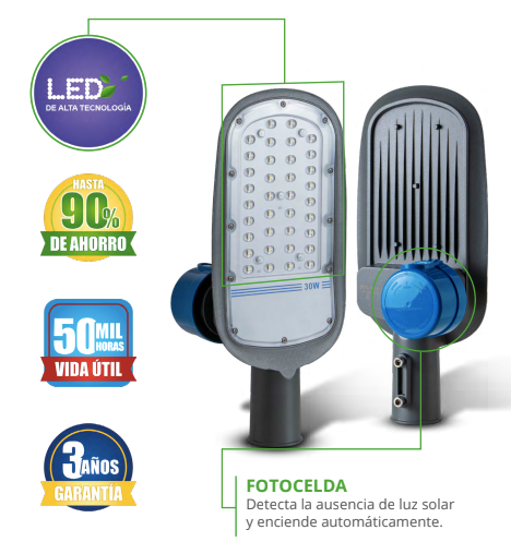 Luminaria LED con fotoceldas para vialidades | 30w - Color Gris