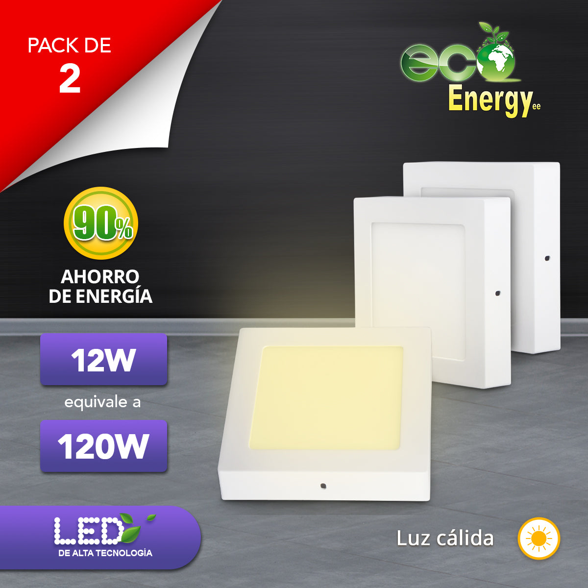 Pack de 2 Lámparas LED de Sobreponer 12w equivalente a 120w | Cuadrado | Luz cálida